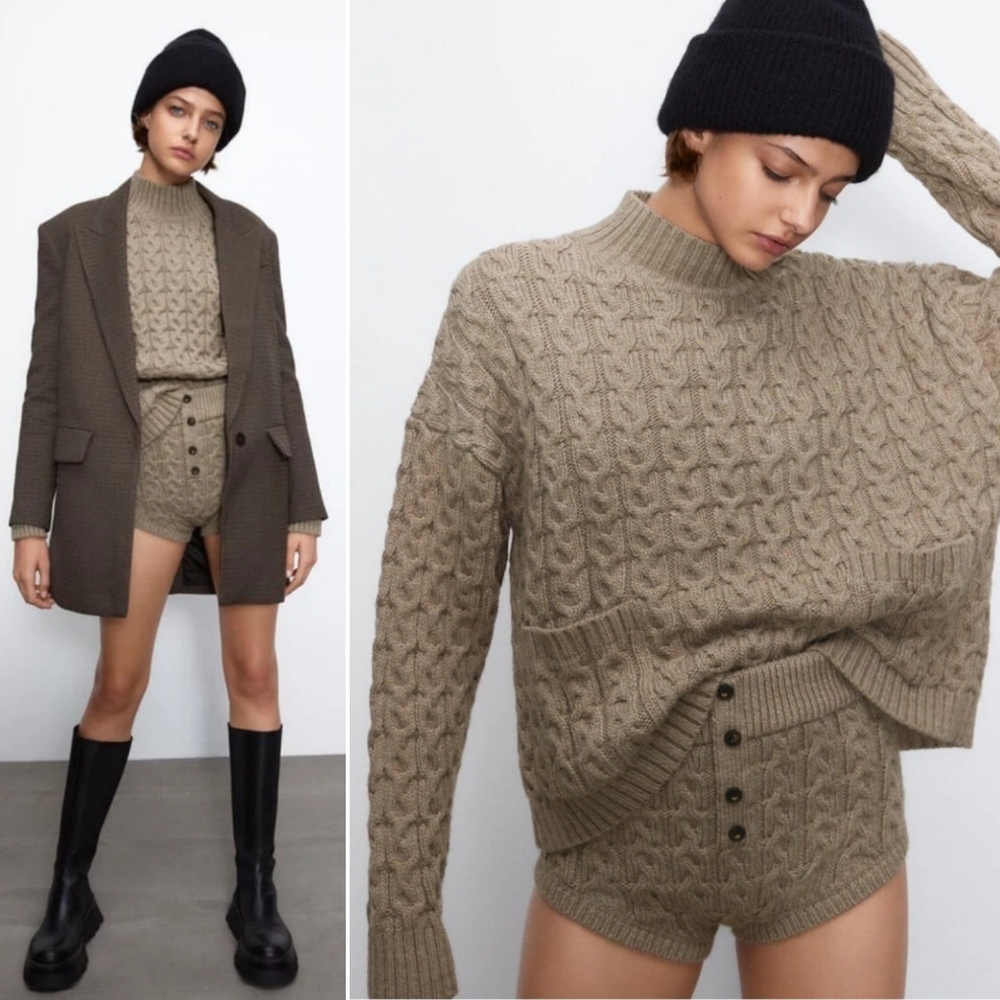 Zara Cable Knit Mock Neck Wool Blend Sweater